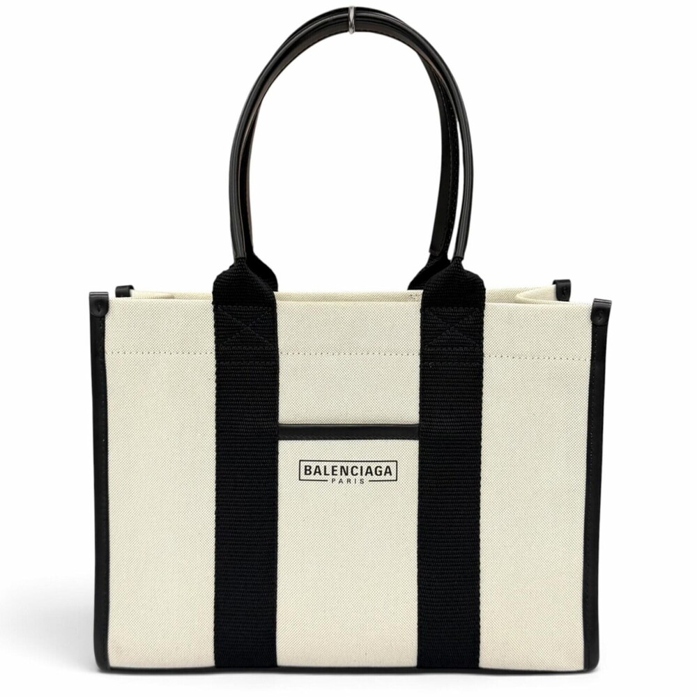 BALENCIAGA 671402 Hardware Leather Trim Canvas 2-Way Handbag Ivory Black Made...